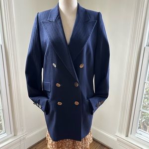 VNTG ESCADA Wool Double Breasted Navy Stripe Long Texture Blazer Sz S/M